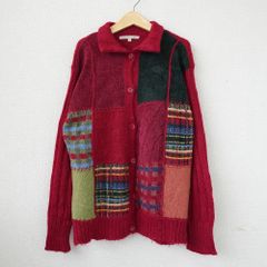 カーディガン ニット パッチワーク ウール アクリル モヘア レッド 赤 Lサイズ 古着【UR-0630】
