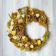 秋色のドライフラワーリース　秋の実　オレンジの小花いっぱいのオータムカラーリース