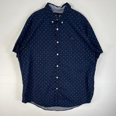 古着 トミーヒルフィガー TOMMY HILFIGER 半袖シャツ ロゴ 刺繍 大きいサイズ ボタンダウン XL  ネイビー系 総柄 メンズ