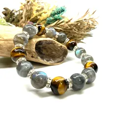 タイガーアイ&ラブラドライト パワーストーン ブレスレット 天然石ブレス (シルバー) 12mm 金運 仕事運 メンズ・レディース [14]