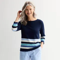 【送料無料】 クロフト＆バロー レディース ニット・セーター アウター Women's Croft & Barrow Bobble Hem Stripe Pullover Sweater Navy Stripe
