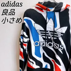 良品⭐️ アディダス adidas パーカー プルオーバー デカロゴ 総柄 トレフォイルロゴ フーディー マルチカラー 刺繍 希少デザイン Y2K 短丈 ショート丈 派手柄  XSサイズ相当 小さめ ストリート スポーティ