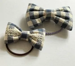 ハンドメイド　リボンヘアゴム　チェック