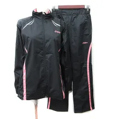 アシックス asics セットアップ 上下 ウィンドブレーカー 総裏地 テーパードパンツ ライン L 黒 ブラック ピンク /YI