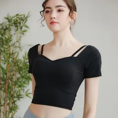 ☆ ブラック ☆ Lサイズ ☆ ヨガウェア半袖 カップ付き ヨガウェア 半袖 カップ付き レディース ヨガ トップス ジムウェア ピラティスウェア ショート丈 ショート クロップド丈 ホットヨガ ピラティス バレエ トレーニング ダンス エレガント