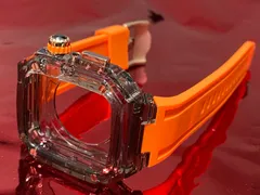 アップルウォッチ ラバーベルト カバーケース   40mm 41mm 44mm 45mm 4 5 6 7 8 9 se 1/2/3 スポーツ メンズ レディース　4スクリュー Apple Watch バンド レディース　メンズ　スポーツ　スモーク　オレンジ