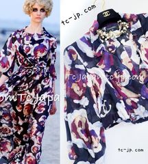 シャネル ブラウス CHANEL 美しい絵画 ネイビー カメリア柄 フラワー シルク100 美人見え ジャケット カーディガン 38 コサージュ カメリア ブローチ付