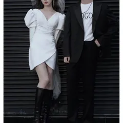 サテン ショート 長袖 ミニ 結婚式 ウェディングドレス 韓国【0913】