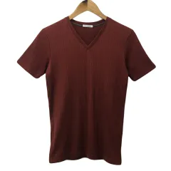 ムッシュニコル monsieur NICOLE Tシャツ カットソー プルオーバー Vネック リブ 無地 半袖 46 赤 エンジ レッド