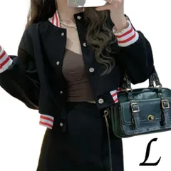 レディース クロップド丈 スタジャン L ブラック ショート丈 ブルゾン ジャンパー カジュアル 原宿系 秋冬 トレンド