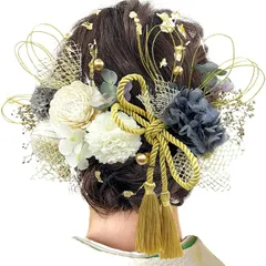 [JZOON] 髪飾り 成人式 髪飾り 9色 ドライフラワー 造花飾り 水引 紐 ヘアーアクセサリー 和玉 かすみ草 金箔 人気 和服 着物 振袖 袴 花 浴衣 成人式 七五三 結納 卒業式 入学式 結婚式 発表会 灰 T1302