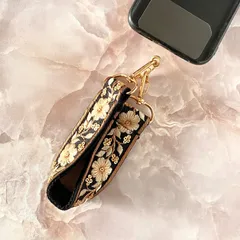 インド刺繍リボン  ハンドストラップ スマホストップ ブラックゴールド