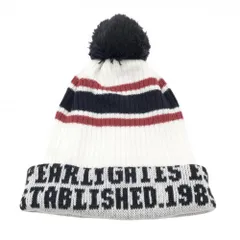 【美品】パーリーゲイツ ニット帽 白×ネイビー ボンボン付き FR  ゴルフウェア PEARLY GATES
