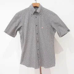 #snc バーバリーブラックレーベル BURBERRYBLACKLABEL 半袖シャツ 2 黒 白 ギンガムチェック ボタンダウン 刺繍 美品 メンズ [919523]