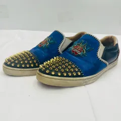 【❗️✨目を引くデザイン✨❗️】Christian Louboutin ✨メンズ スリッポン 🌟39 青×黒×赤 異素材コンビ❗️