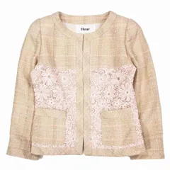 Rene ルネ ツイード ノーカラー ジャケット フラワー 花刺繍 スパンコール装飾 TISSUE社 36 S ベージュ レディース 【中古】