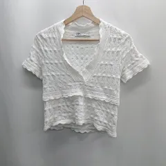 ◇ ⊂ Φ ZARA ザラ 総柄 半袖 カットソー サイズL ホワイト系 レディース E  【1410290042694】