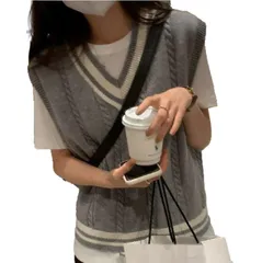 [FARFADET] スクール ベスト ニット Vネック ゆったり トップス ガールズ 無地 ライン入り ノースリーブ 通学 通勤 オフィス (グレー) [グレー] [Free Size]