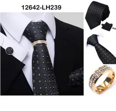 発表会　フォーマルネクタイ 黒と金の幾何学模様　ネクタイ　ポケットチーフ　カフスボタン　リング　4点 セット　結婚式　イベント　卒業式　入学式　入社式　父の日　七五三祝い　ダンスパーティー　バーテンダー　格安　ブラック色　ゴールド色　金色　格子柄　ドット柄