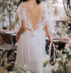 ウェディングドレス ロング フレンチスリーブ レース トレーン【0914】