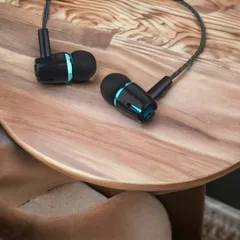 ★ハンズフリーイヤホン♪Black Blue◆カナル型有線ステレオイヤフォン音楽通話音声♪新品未使用