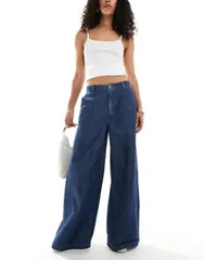 【送料無料】 エイソス レディース デニムパンツ ボトムス ASOS DESIGN soft wide leg jeans with linen in dark mid blue Dark mid