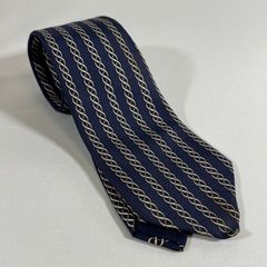 HERMES エルメス 紳士ネクタイ ネイビー×ホワイト チェーン 鎖 シルク100%