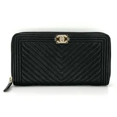 【CHANEL】シャネル ボーイシャネル シェブロンステッチ Vステッチ ココマーク ラウンドファスナー キャビアスキン 長財布 ロングウォレット ブラック 黒 ゴールド金具 レディース 財布 【中古】 USED-A 【9304】
