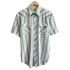 Lee リー  ウエスタンシャツ ストライプ ポケット付き 半袖シャツ スナップボタン 白×青×ミントグリーン Lサイズ No.Y533