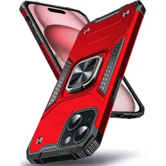 DASFOND iPhone 15 用 ケース 360度回転メタルリングキックスタンド付き 米軍MIL 耐衝撃 車載ホルダー対応 スマホケース アイフォン15 カバー 6.1 インチ レッド