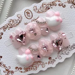 ネイルチップ 量産型 地雷 サブカル 韓国 猫 ハート リボン ピンク 通常発送5-14日