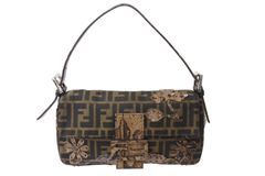 新品未使用 FENDI フェンディ マンマバケット ハンドバッグ ズッカ柄 ビーズ パイソン フラワー ブラウン キャンバス レザー 中古 4b001866