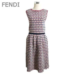 美品 FENDI フェンディ サイズ42 総柄 Aライン 膝丈 ウエストマーク クルーネック ノースリーブ フレア ニット ワンピース ドレス マルチカラー