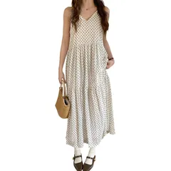 [DAYCLOSET] リゾートワンピース キャミワンピ ノースリーブ Aライン ティアード Vネック ロング丈 tops2201 (JP, アルファベット, Free Size, 標準, ホワイト) 0