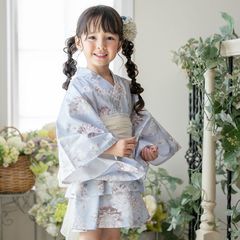 【サックス花柄】着崩れしないワンピース浴衣ドレス キッズ TAK キャサリンコテージ