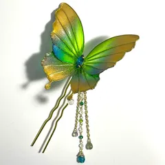 【蝶かんざし】黄緑・緑色・青・金グラデ