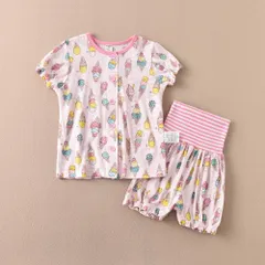 ☆ Cタイプ×アイスクリーム ☆ 100cm（腹巻付き） ☆ 子供 パジャマ 前開きタイプ 上下セット キッズ パジャマ 前開き 半袖 ルームウェア 部屋着 ナイトウェア 寝間着 寝巻き 寝衣 女の子 男の子 綿100% コットン100 上下セット