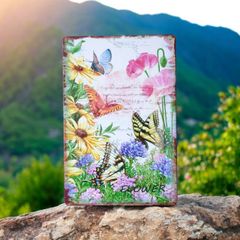 ブリキ看板 FT009 花と蝶 パネル 看板 壁掛け ガーデニング インテリア 花 フワラー 植物 カラフル レトロ プレート ガーデニング インテリア おしゃれ 玄関 庭 ウエルカムボード デザインプレート ブリキプレート 薄型 軽量 アクセント 装飾