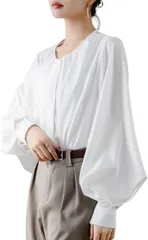 グリーンパキラ モード系 レディース ブラウス トップス シャツ パフスリーブ バルーン袖 長袖 丸首 きれいめ 女性 オフィスカジュアル 前開き ウーマン 襟なし 体型カバー 着痩せ おしゃれ(ホワイト,  M)