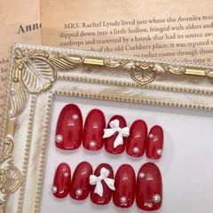 ⑧【ネイルチップ】ジェルネイル リボン パール 赤 ガーリーネイル ワンカラー 可愛い 推し活 推しカラー オリジナル サイズ変更可 オーダー受付中