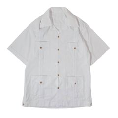 【M】古着 開襟 キューバシャツ 半袖シャツ シンプル ライン ウッドボタン ホワイト ボックスシルエット