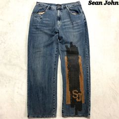 Sean John デニムパンツ ジーパン ジーンズ ワイド バギー ヴィンテージ加工 ペイント ペンキ レザーパッチ ロゴ W38 青系 インディゴブルー ショーンジョン