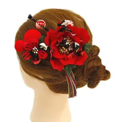 髪飾り 成人式 つまみ細工 赤 振袖 前撮り 袴 花 浴衣 夏祭り 花火大会 豪華3点セット ちりめん 玉かんざし 玉飾り 房付き マ No.9-3512