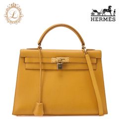 HERMES エルメス ケリー32 ハンドバック クシュベル 黄色　外縫い（ゴールド金具） レディースバッグ  ハイブランド【中古】【送料無料】
