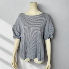 クロッシー CLOSSHI　綿100％ ボートネック ピンストライプ スリットスリーブ/袖結び ワイドプルオーバー　ホワイト/ネイビー ピンストライプ　レディース