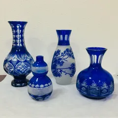 【Y175】切子花瓶４つまとめ売り　一輪挿し　クリスタル　すりガラス　青　ブルー　硝子　現状品　中古品　長期保管品