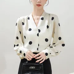 シャツ ブラウス ドット柄 新作 レディース Vネック サテン風 長袖 トップス プルオーバー シャツブラウス 春 秋 ゆったり デザイン感 エレガント レトロ カジュアル 大きいサイズ 20代 30代 40代 50代 大人xzzhang158