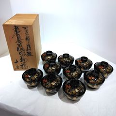 未使用 共箱付 輪島塗 吸物椀 10客セット 秋草蒔絵 木製漆器 高級懐石椀／正月／茶事用 A382