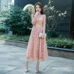 ブライズメイド ドレス 大人 ピアノ 発表会 ロングドレス 演奏会 結婚式 袖付き ミモレ丈  体型カバー 二次会 花嫁 xiuhua13