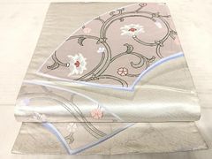 ユ207未着用名古屋帯 松葉 真綿紬 モダン 綺麗唐草花 正絹 着物帯